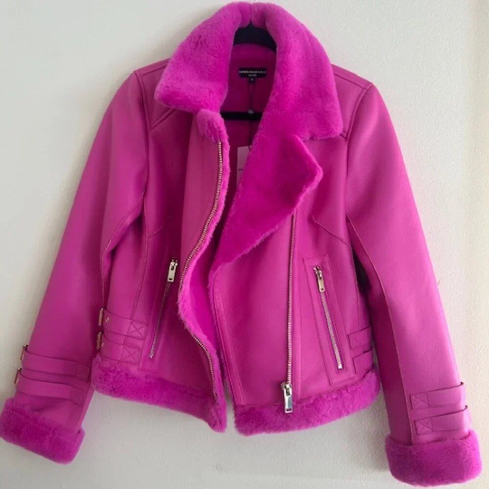 Generation Love Dion Hot Pink Faux Fur Shearling Zip Buckle Moto Jacket NWT XS - Picture 10 of 16